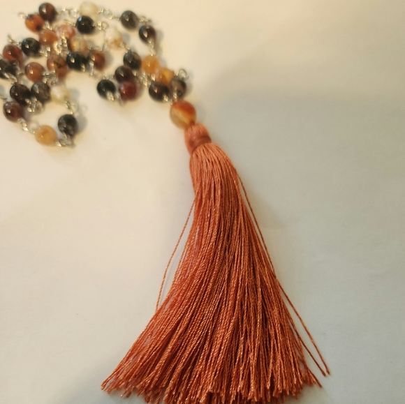Orange and Brown Beaded Tassel Necklace - Picture 5 of 11